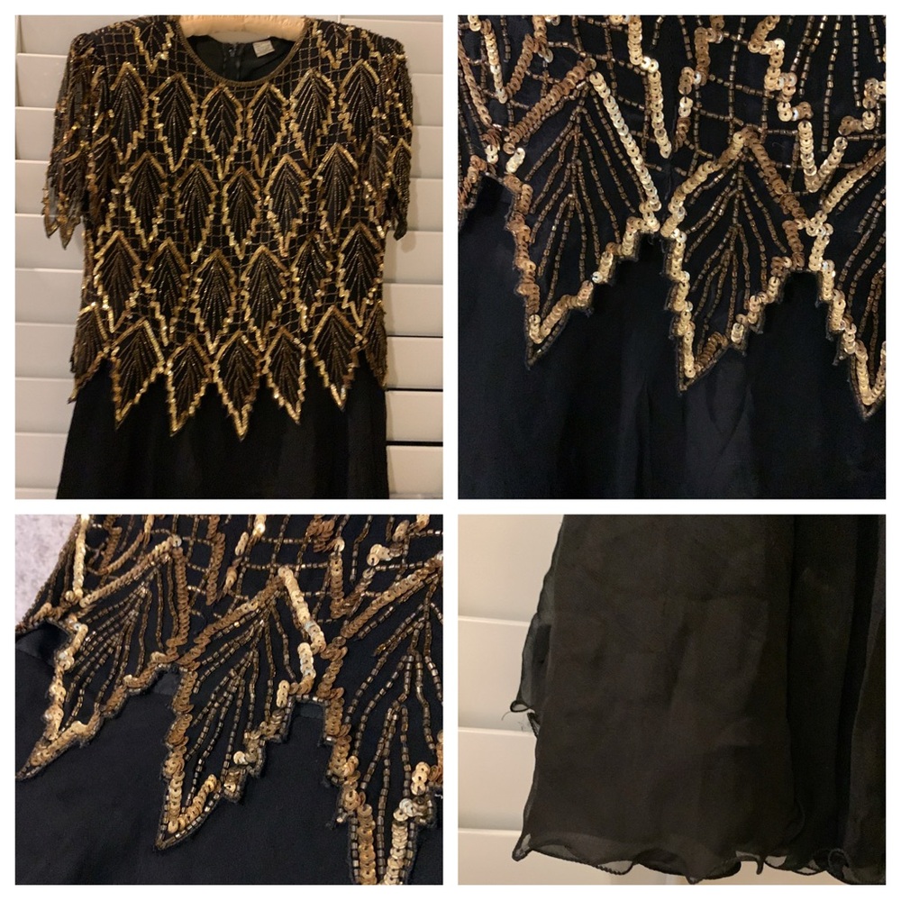 Laurence Kazar Leaf Black Gold Sequin Silk Vintage Cocktail Dress Size XL - Picture 13 of 17